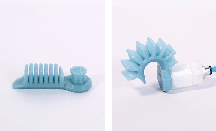 Example of 3D printed gripper’s finger with and without air injection.